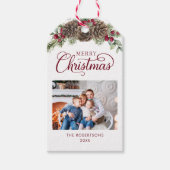 Waterverf dennenappels bordeaux kerstfoto cadeaulabel (Voorkant)