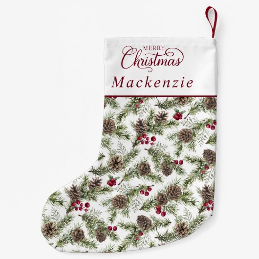 Waterverf dennenappels botanisch script kerst kleine kerstsok (Achterkant)