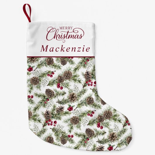 Waterverf dennenappels botanisch script kerst kleine kerstsok (Voorkant)