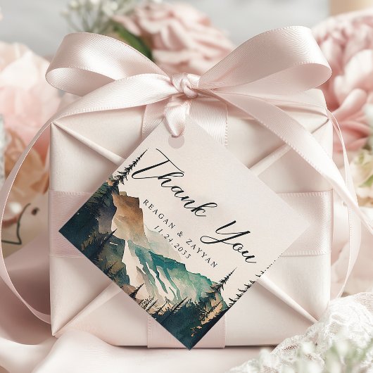 Waterverf dennenberg bos bruiloft dank u bedankjes labels