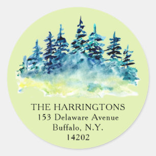 Waterverf Dennenbomen Groen Retouradres Ronde Sticker
