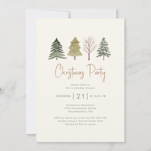 Waterverf dennenbomen kerstfeest diner kaart (Voorkant)