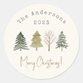 Waterverf dennenbomen kerstfeest diner ronde sticker (Voorkant)