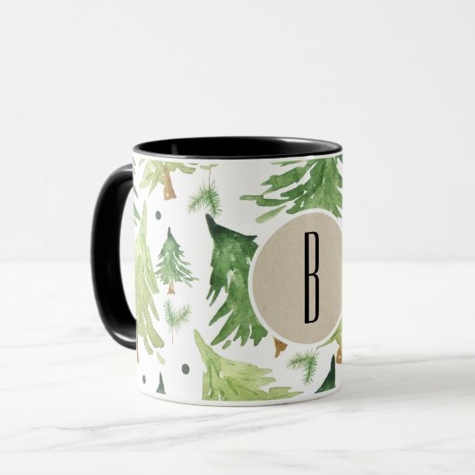 Waterverf Dennenbomen Modern Rustiek Monogram Kraf Mok (Voorkant links)