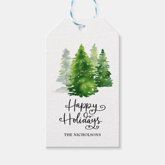Waterverf dennenbomen | Prettige feestdagen Script Cadeaulabel (Voorkant)