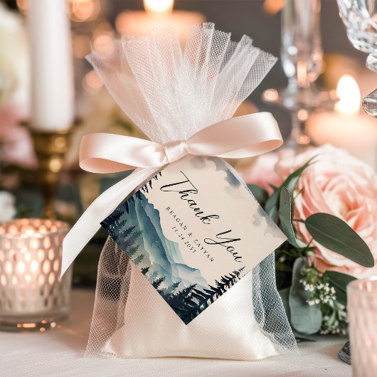 Waterverf dennenboom berg bruiloft dank u bedankjes labels