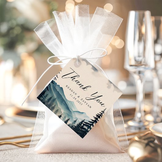 Waterverf dennenboom berg bruiloft dank u bedankjes labels