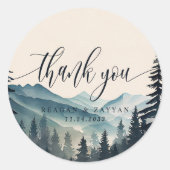 Waterverf dennenboom berg bruiloft dank u ronde sticker (Voorkant)