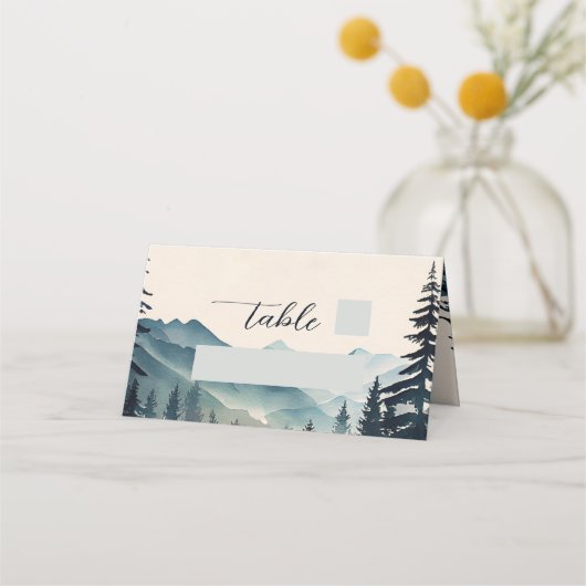 Waterverf dennenboom berg bruiloft plaatskaartje (Achterkant)
