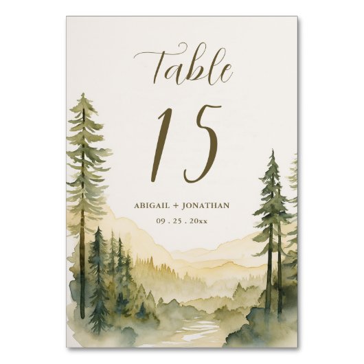 Waterverf dennenboom bos berg bruiloft kaart (Voorkant)