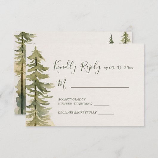 Waterverf dennenboom bos berg bruiloft RSVP kaartje (Voorkant / Achterkant)