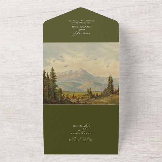 Waterverf dennenboom bos bergen bruiloft all in one uitnodiging (Buitenkant)