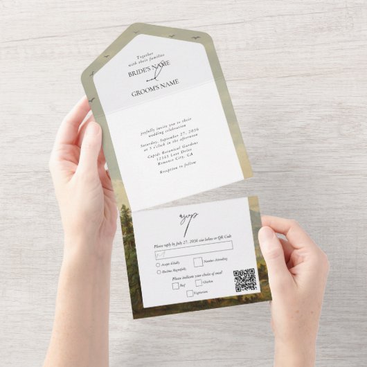 Waterverf dennenboom bos bergen bruiloft all in one uitnodiging (Afscheurbaar)