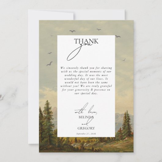 Waterverf dennenboom bos bergen bruiloft bedankkaart (Voorkant)