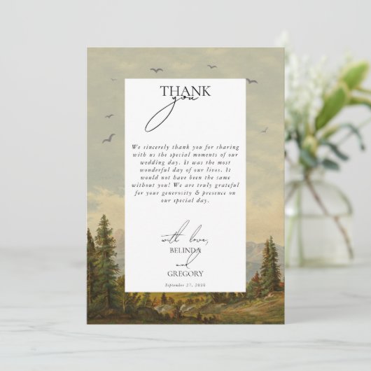 Waterverf dennenboom bos bergen bruiloft bedankkaart (Staand voorkant)