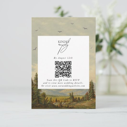 Waterverf dennenboom bos bergen bruiloft informatiekaartje (Staand voorkant)