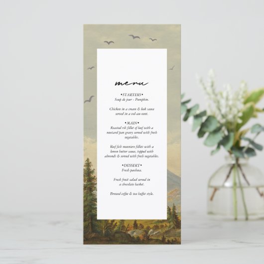 Waterverf dennenboom bos bergen bruiloft menu (Staand voorkant)