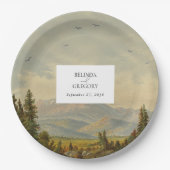 Waterverf dennenboom bos bergen bruiloft papieren bordje (Voorkant)