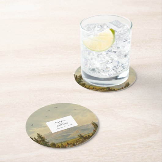 Waterverf dennenboom bos bergen bruiloft ronde kartonnen onderzetter (Insitu)