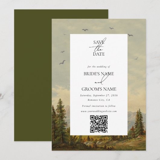 Waterverf dennenboom bos bergen bruiloft save the date (Voorkant / Achterkant)