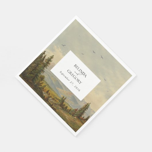 Waterverf dennenboom bos bergen bruiloft servet (Hoek)