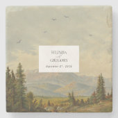 Waterverf dennenboom bos bergen bruiloft stenen onderzetter (Voorkant)