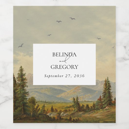 Waterverf dennenboom bos bergen bruiloft wijn etiket (Enkel label)