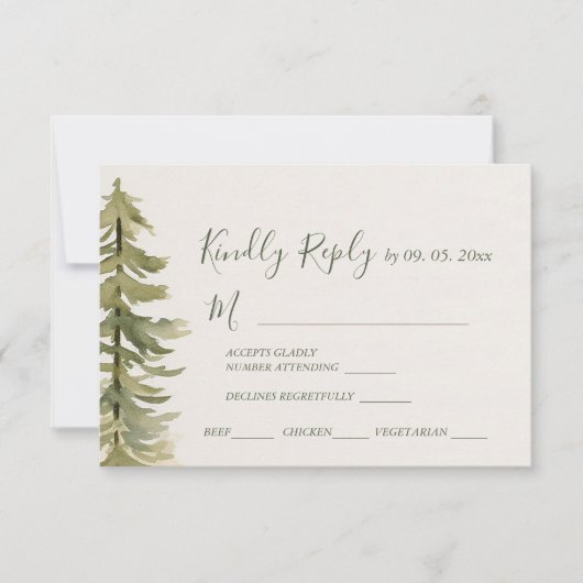 Waterverf dennenboom bos bruiloft maaltijd keuzes RSVP kaartje (Voorkant)
