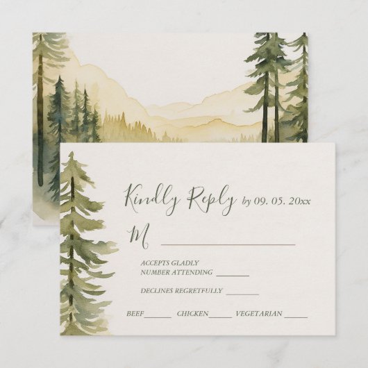 Waterverf dennenboom bos bruiloft maaltijd keuzes RSVP kaartje (Voorkant / Achterkant)