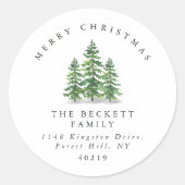 Waterverf Dennenboom Bos Kerstmis Ronde Sticker (Voorkant)