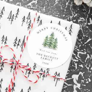 Waterverf Dennenboom Bos Kerstmis Ronde Sticker