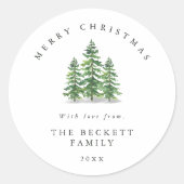 Waterverf Dennenboom Bos Kerstmis Ronde Sticker (Voorkant)