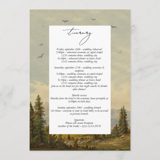 Waterverf dennenboom bos trouwroute programmakaart (Achterkant)