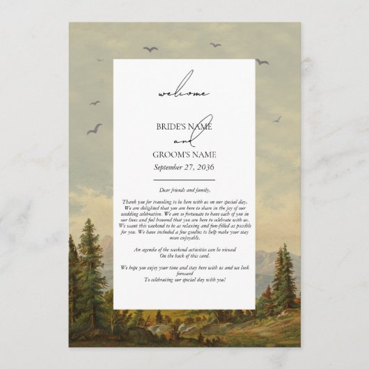 Waterverf dennenboom bos trouwroute programmakaart (Voorkant)