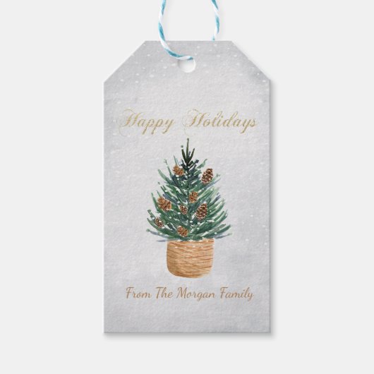 Waterverf dennenboom, dennenappels Sneeuw Cadeaulabel (Voorkant)