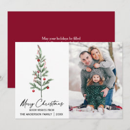 Waterverf dennenboom kalligrafie inkt foto rood feestdagenkaart