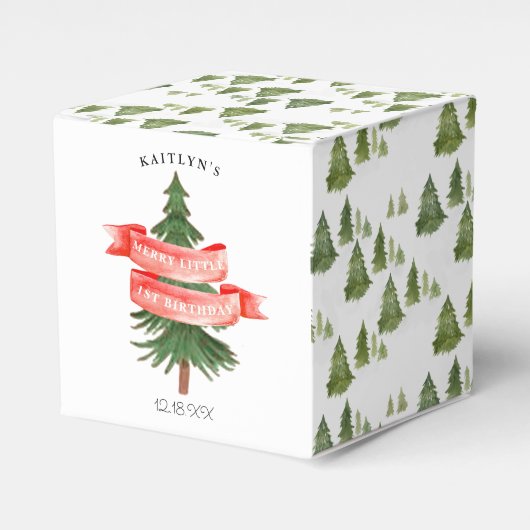 Waterverf dennenboom vrolijk kleine verjaardag bedankdoosjes (Voorkant Zijde)