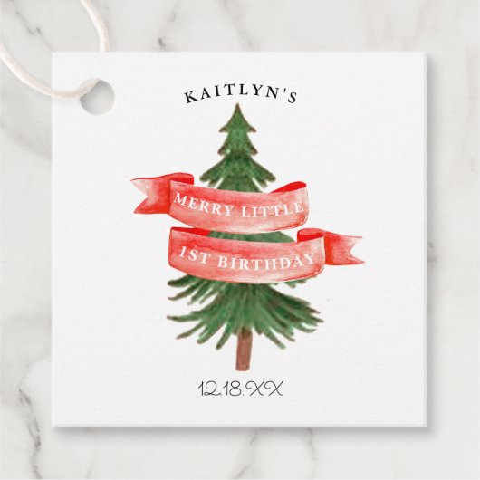 Waterverf dennenboom vrolijk kleine verjaardag bedankjes labels (Voorkant)