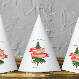 Waterverf dennenboom vrolijk kleine verjaardag feesthoedjes