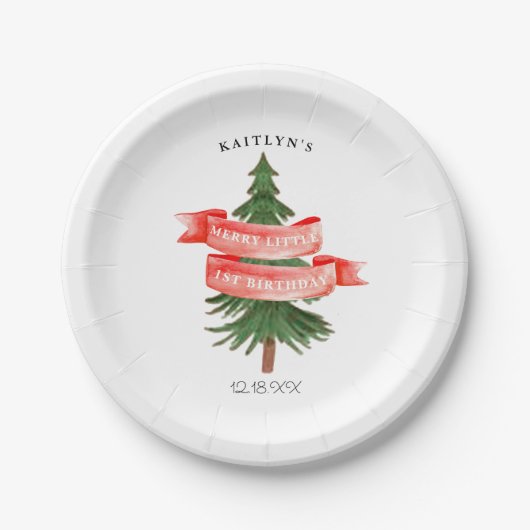 Waterverf dennenboom vrolijk kleine verjaardag papieren bordje (Voorkant)