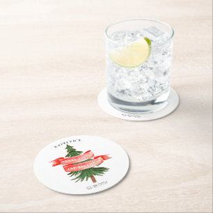 Waterverf dennenboom vrolijk kleine verjaardag ronde kartonnen onderzetter