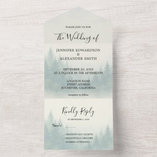 Waterverf dennenbos bruiloft all in one uitnodiging (Binnen)