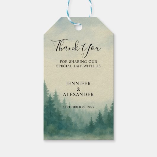 Waterverf dennenbos Dank u bruiloft Cadeaulabel (Voorkant)