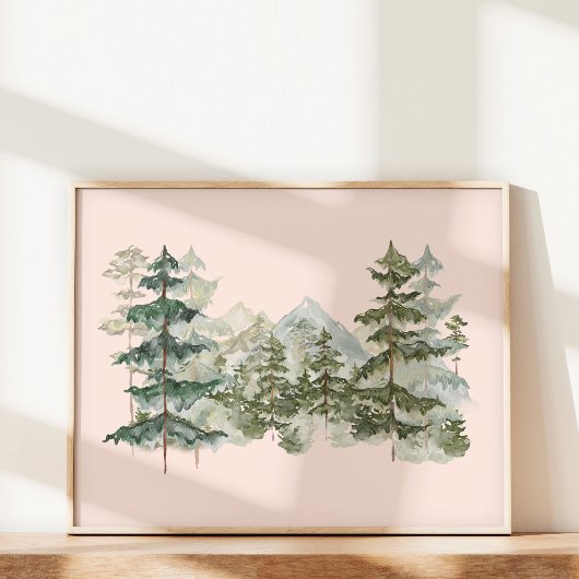 Waterverf Dennenbos en berg Esthetiek Poster