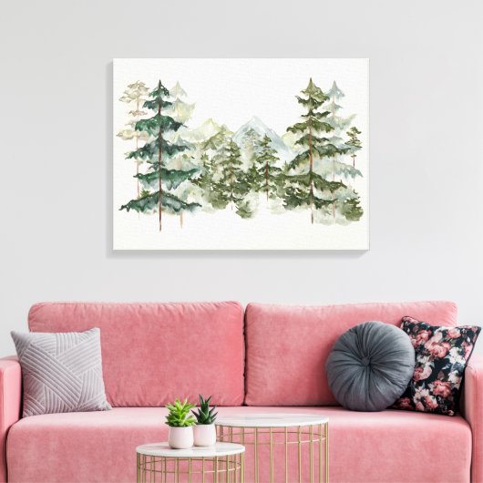 Waterverf dennenbos en berg esthetisch canvas afdruk (Insitu (Woonkamer))