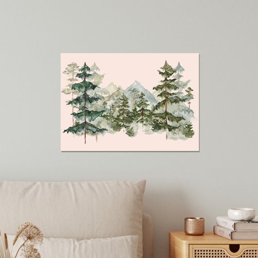 Waterverf dennenbos en berg esthetisch canvas afdruk