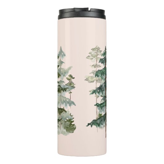 Waterverf dennenbos en berg esthetisch thermosbeker (Achterkant)