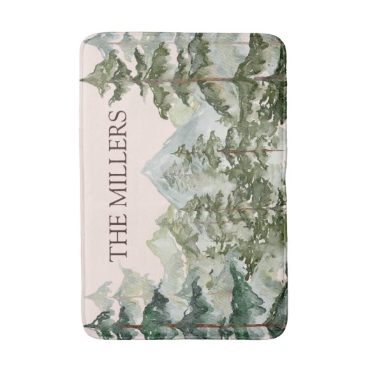 Waterverf dennenbos en berg rustiek badmat (Voorkant Verticaal)