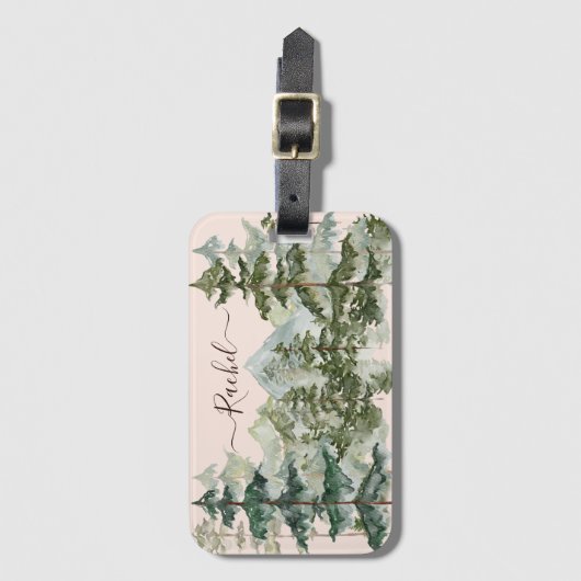 Waterverf dennenbos en berg rustiek bagagelabel (Voorkant (verticaal))