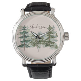 Waterverf Dennenbos en berg Rustiek Horloge